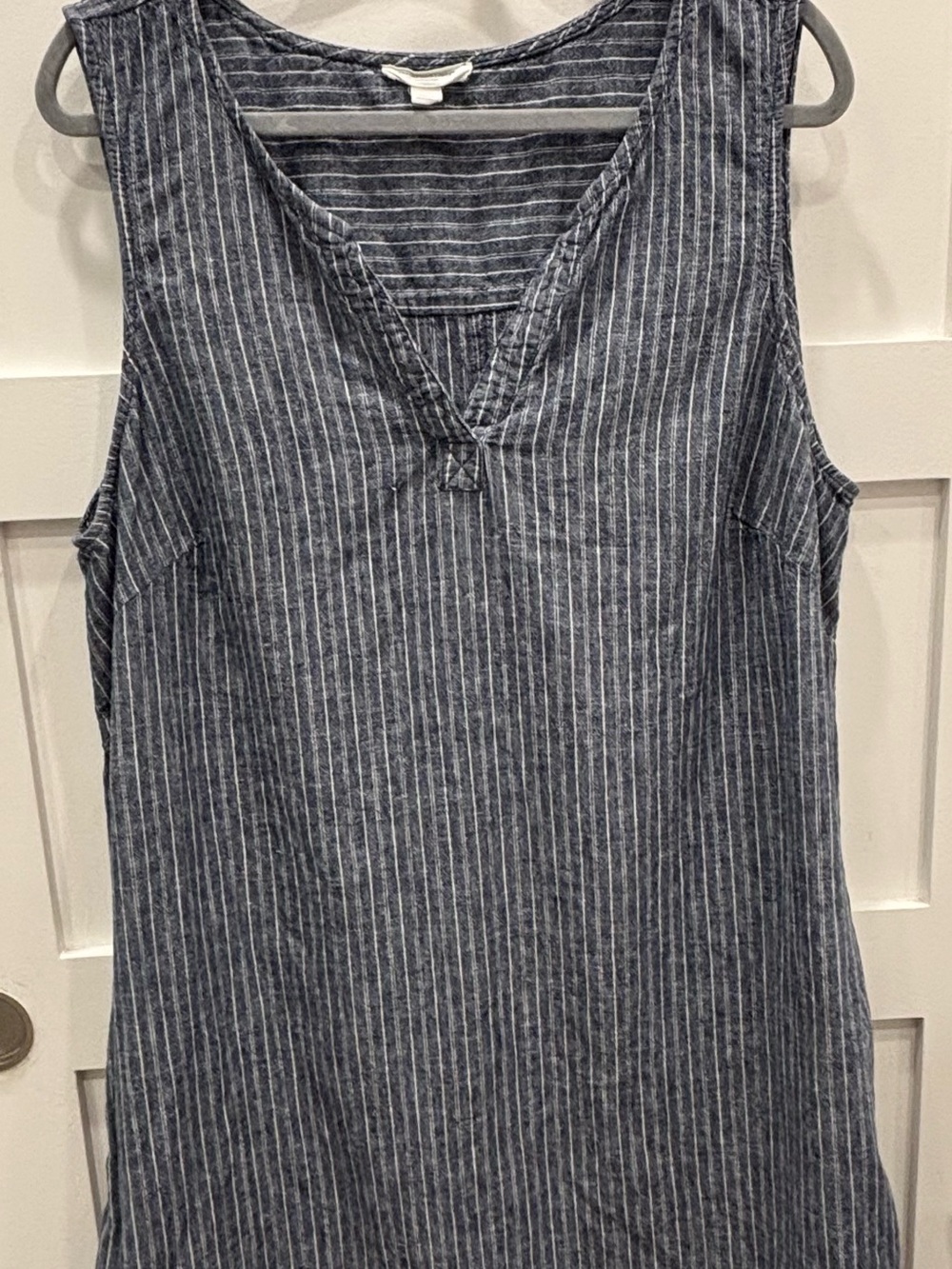 beachlunchlounge Navy and White Striped Sleeveless Midi Dress Linen Blend